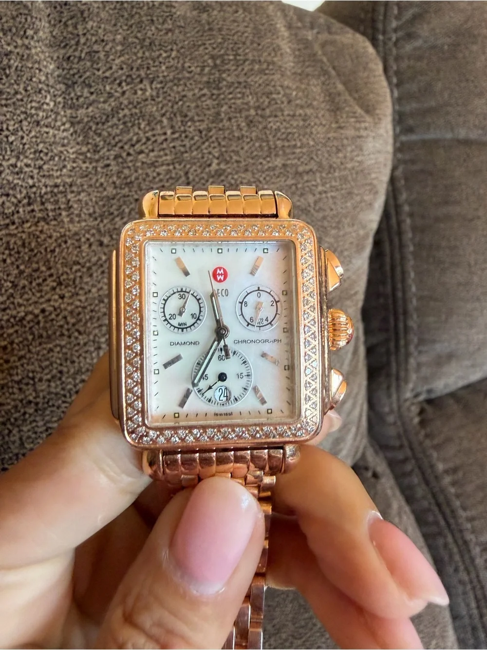 MICHELE Deco Diamond Chronograph Rose Gold-Tone Watch 6.25” band